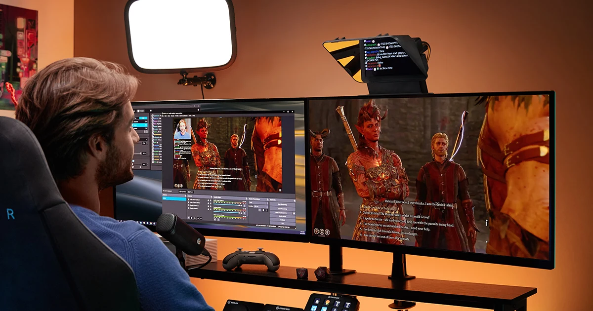 Elgato Prompter above a desktop recording setup in an official press photograph