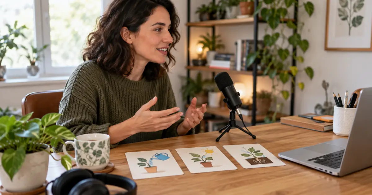 AI-generated editorial illustration of a woman recording a plant-care lesson with a microphone and visual cards
