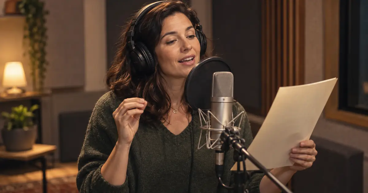 A voice artist wearing headphones at a studio microphone, gesturing with one hand above an unprinted script page