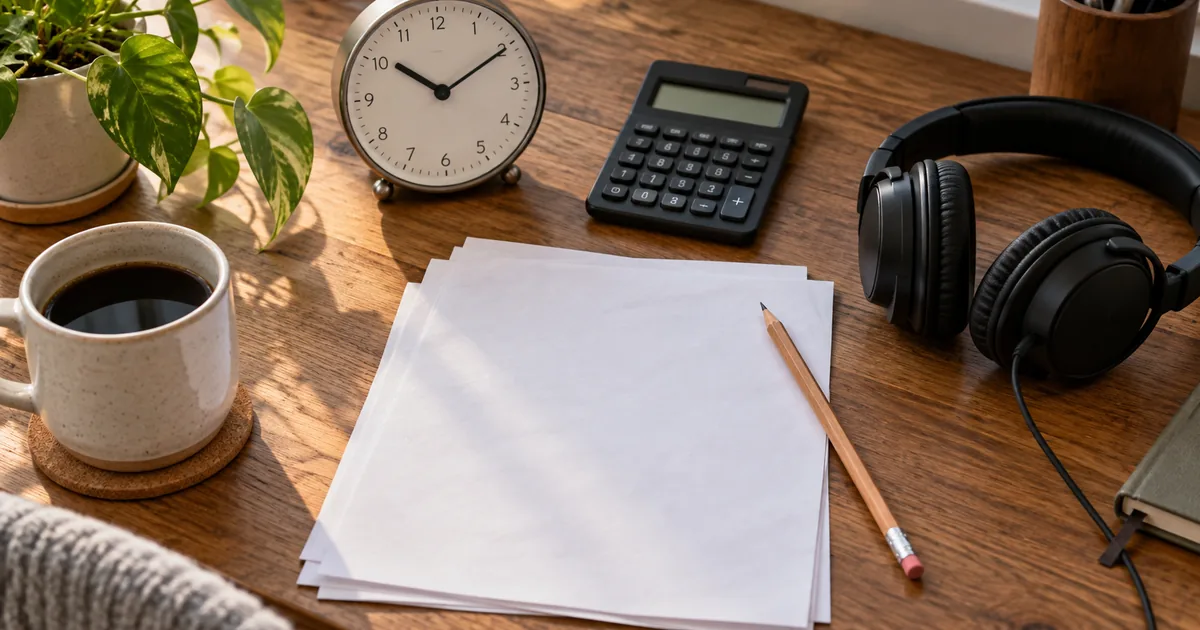 Headphones, a desk clock, and a calculator beside a narration script on a wooden desk