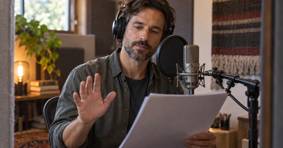 A narrator at a microphone raising one hand as a pause cue with a script on the desk