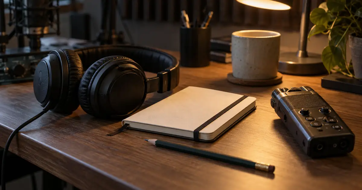 AI-generated editorial illustration of headphones, a notebook and an audio recorder on a desk