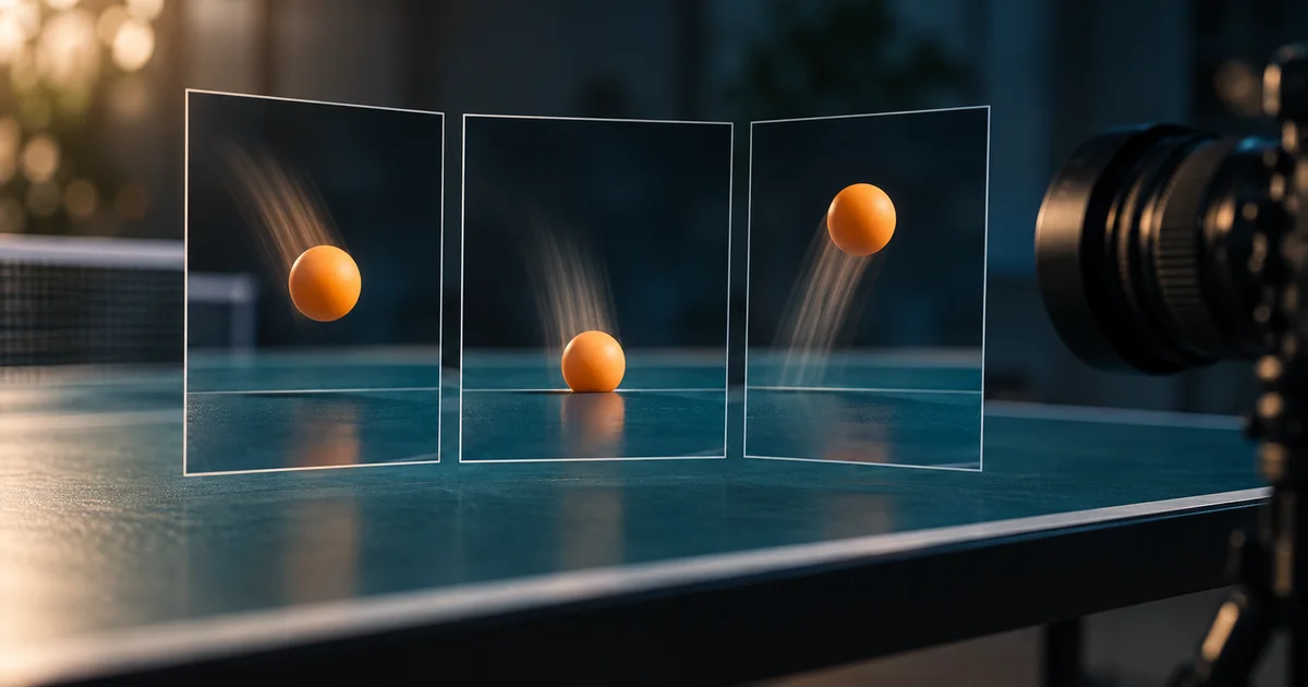 Successive frames of an orange table-tennis ball illustrate the contact and rebound moments interpolation must preserve