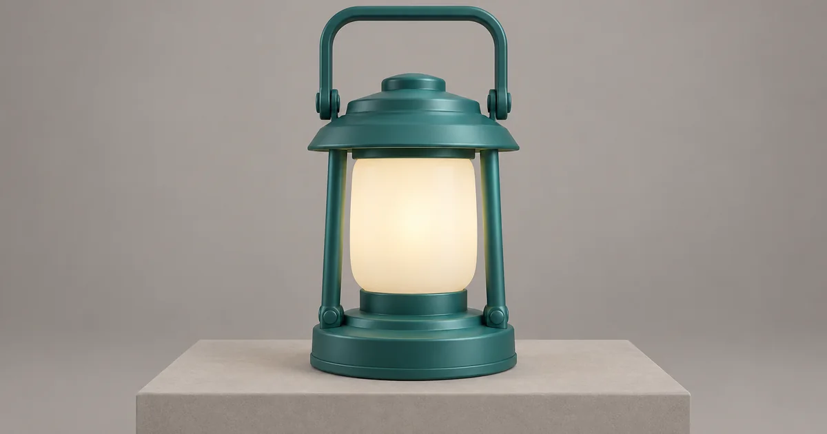 A single stylized teal camping lantern with a clearly separated handle stands on a plain studio plinth