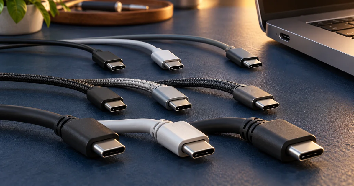 Several USB-C connectors and cables arranged beside a laptop port on a dark workbench