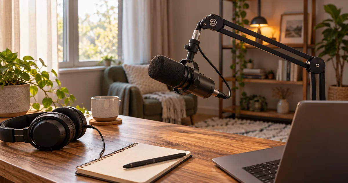 A dynamic microphone on a boom arm beside headphones in a softly furnished recording room