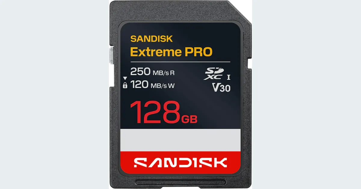 SanDisk Extreme PRO 128 GB SDXC card marked 250 MB/s and V30 in manufacturer product photography
