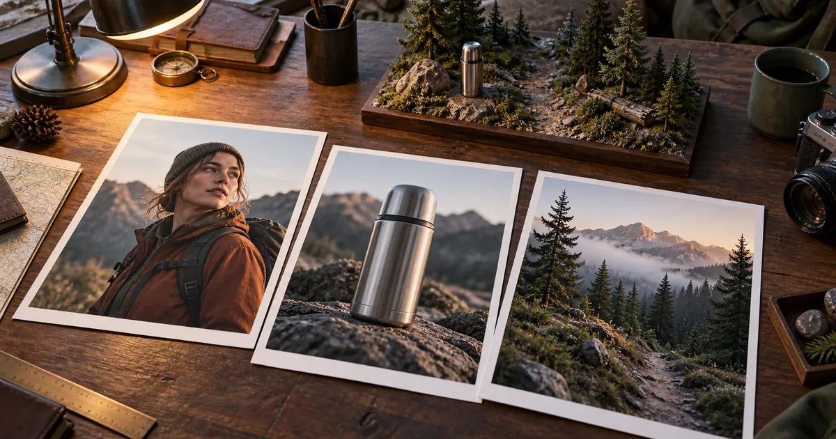Three separate photographic references of a hiker, steel thermos, and pine trail on a filmmaker's wooden desk