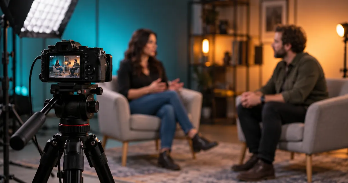 A camera on a tripod records two interview participants on a teal-lit set