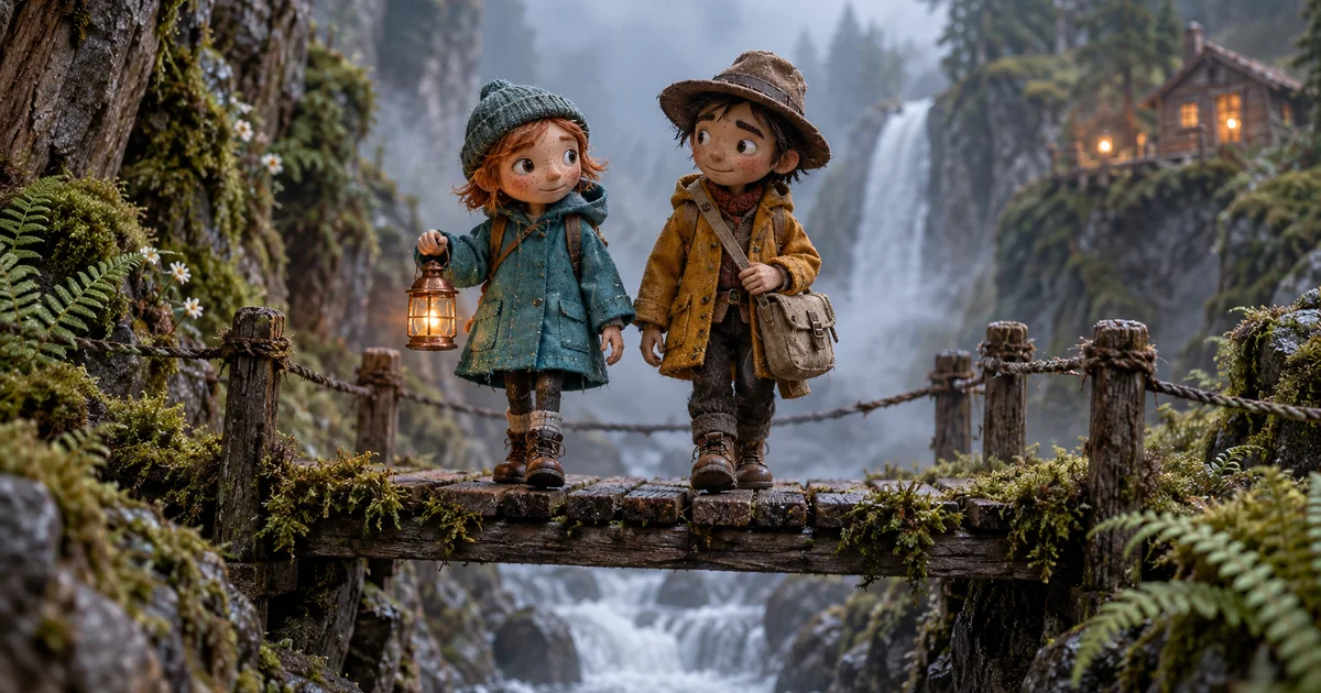 Two distinct stop-motion explorer puppets in teal and ochre coats on a misty miniature bridge