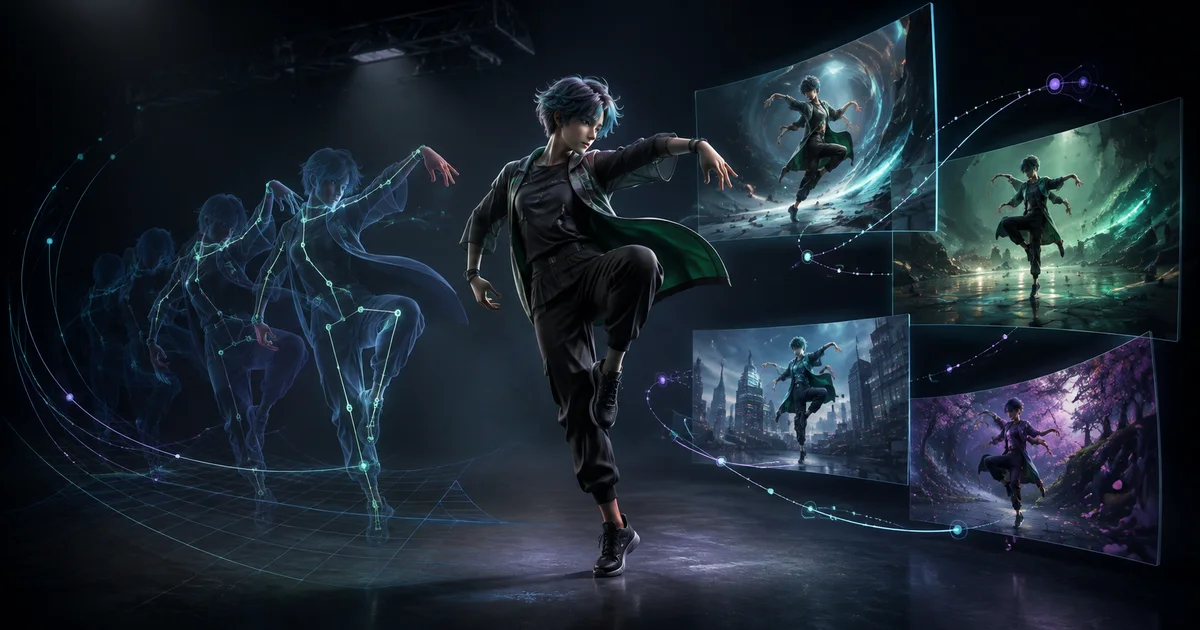 Character moving between motion-transfer tracking and generative AI video scenes