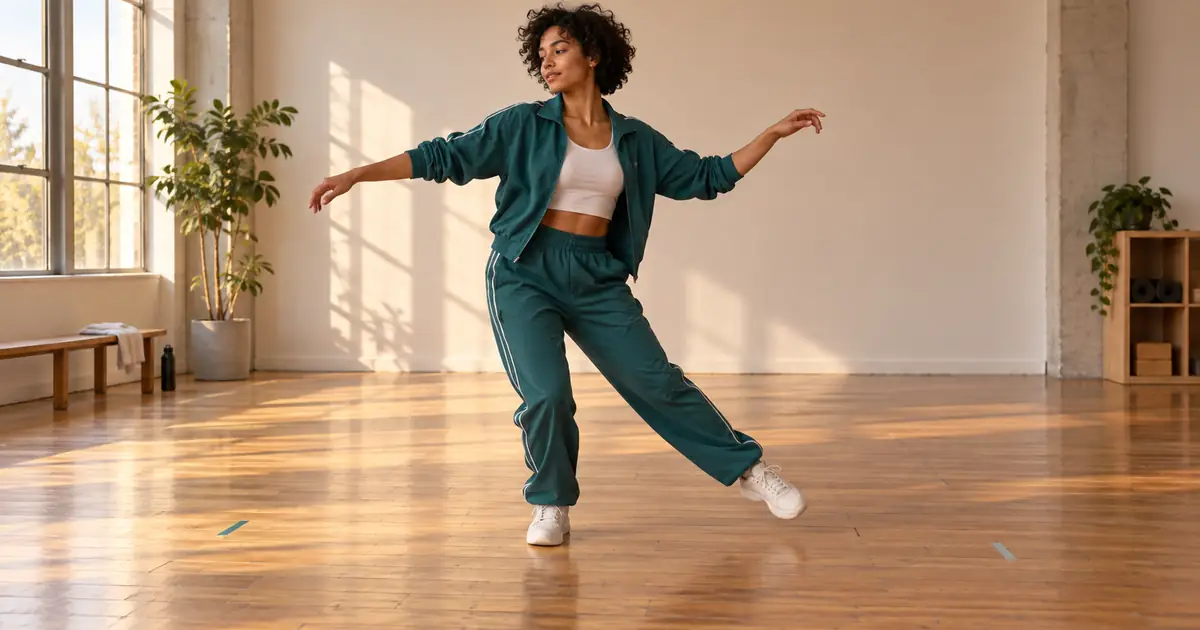 A fictional dancer in a teal tracksuit plants one sneaker on a rehearsal floor, showing clear limb spacing and foot contact
