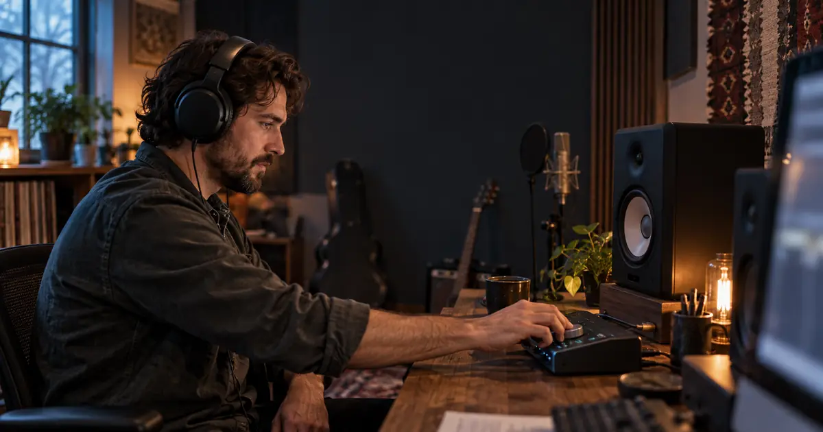 An audio engineer wearing headphones at a compact mixing desk with a microphone and guitar in the background