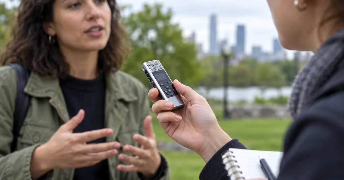 An interviewer holds a portable voice recorder between two speakers outdoors