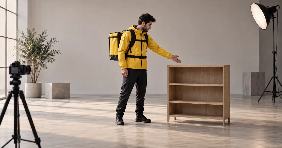 A fictional courier in a yellow jacket reaches toward an empty shelf in a spacious studio with a camera positioned at an angle