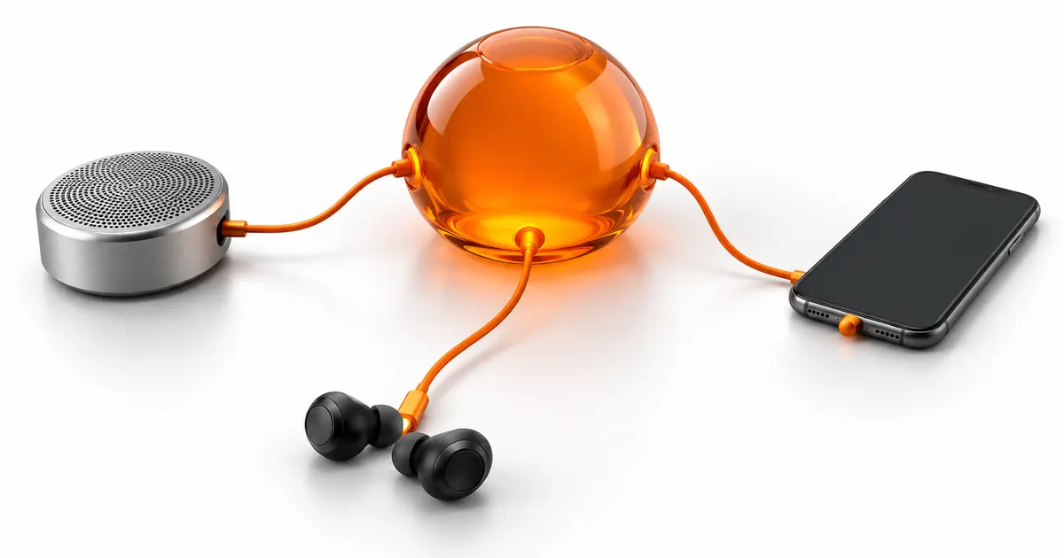 An orange distribution hub connects to a speaker, phone, and earbuds