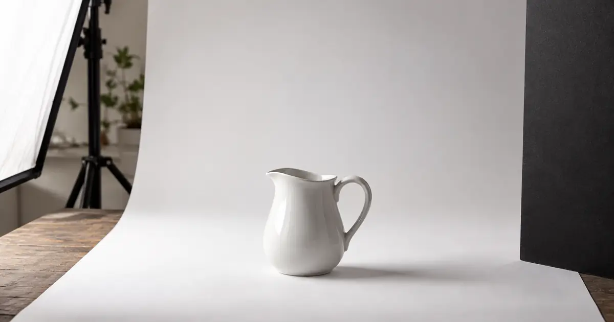 A white ceramic pitcher with visible tonal edges on a paper sweep beside a black studio flag