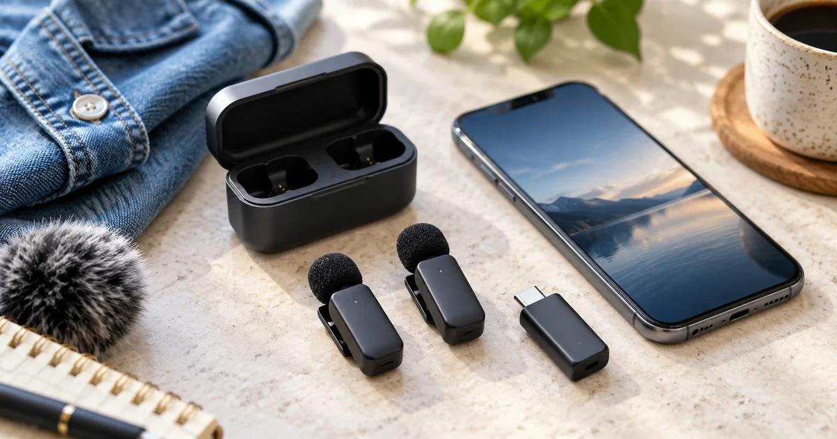 Two small wireless lavalier microphones and a USB-C receiver beside a smartphone