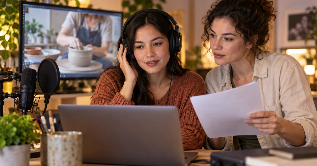 Two adult creators reviewing a pottery tutorial's narration together at a home recording desk