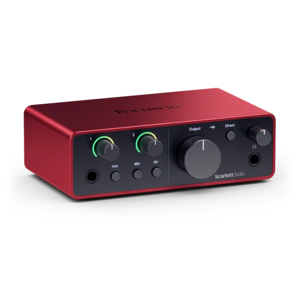 Red Focusrite Scarlett Solo fourth-generation audio interface