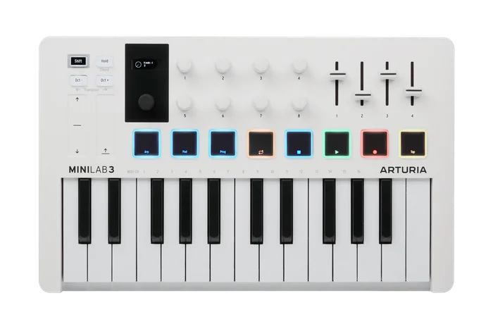 White Arturia MiniLab 3 with 25 compact keys, pads, knobs and faders