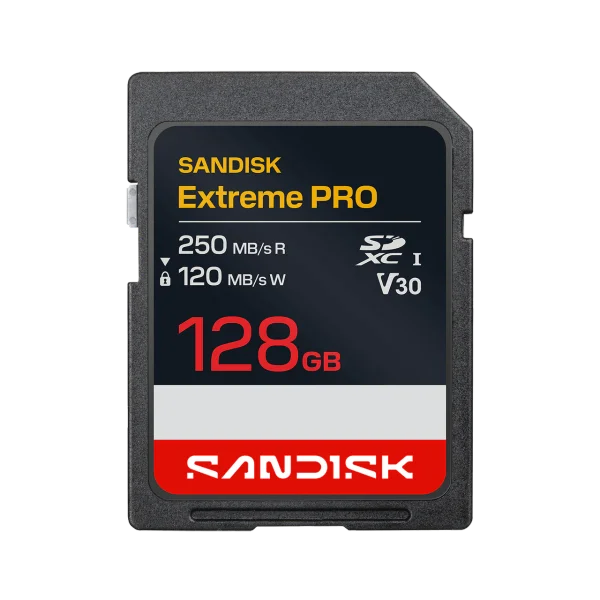 SanDisk Extreme PRO 128 GB SDXC card marked 250 MB/s and V30