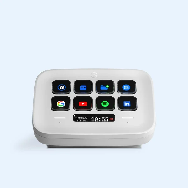 White Elgato Stream Deck Neo with eight display keys and two touch controls