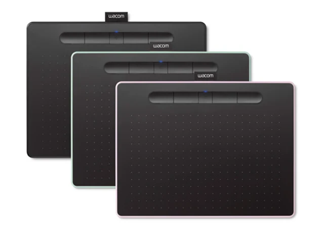 Wacom Intuos family showing black, green and pink variants